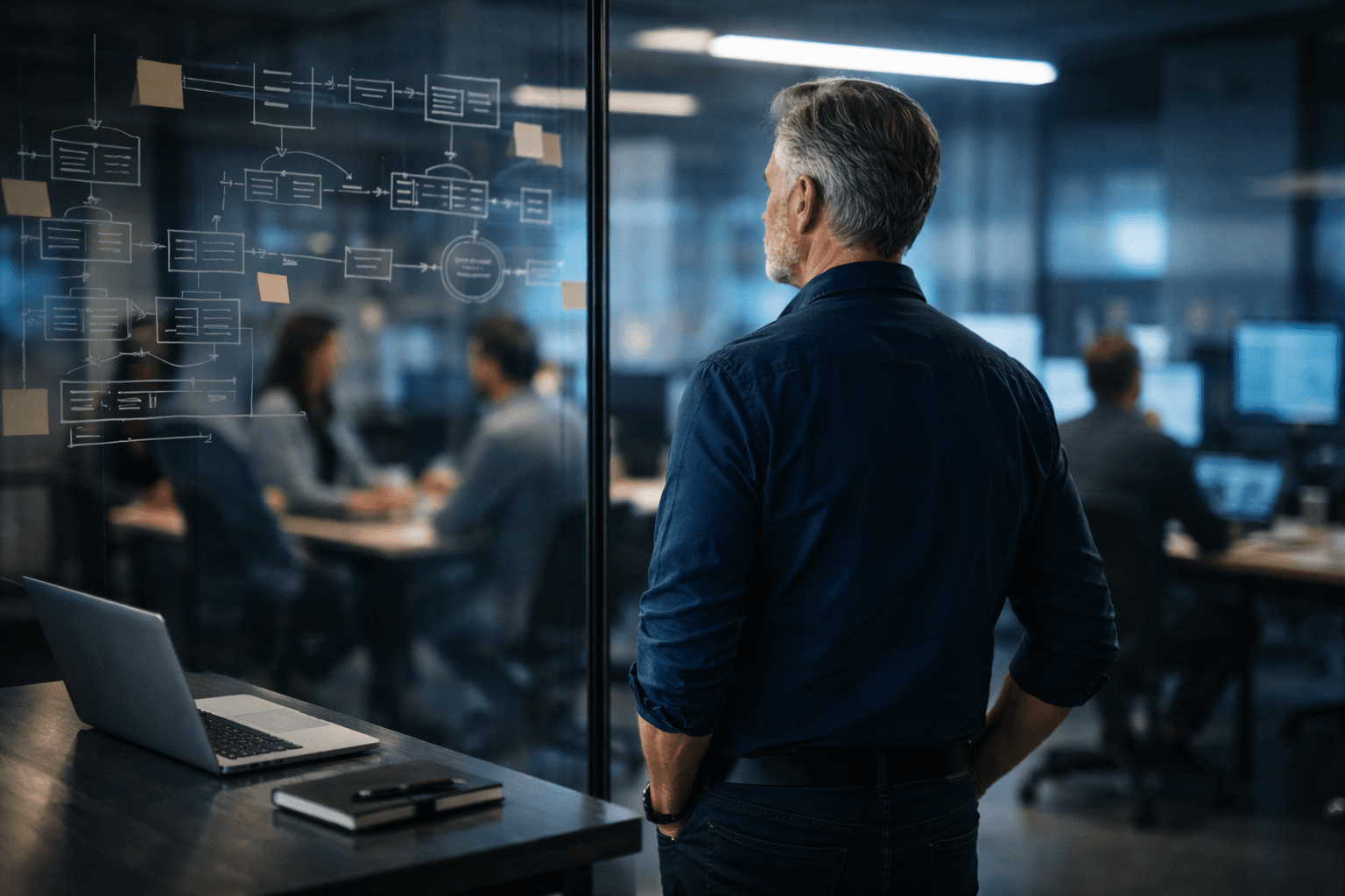 Team members reviewing a product architecture board with delivery milestones.